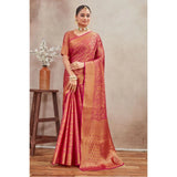 Pink silk blend floral printed saree with unstitched blouse, 5.5Mtr length