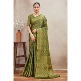 Green silk blend floral printed saree with unstitched blouse, vibrant and elegant for traditional Indian wear