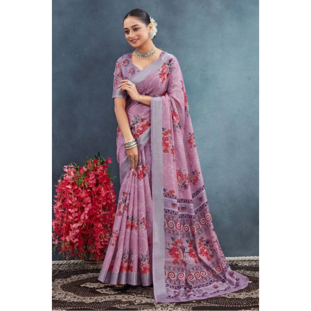 Purple linen floral printed saree with unstitched blouse, vibrant pattern on display