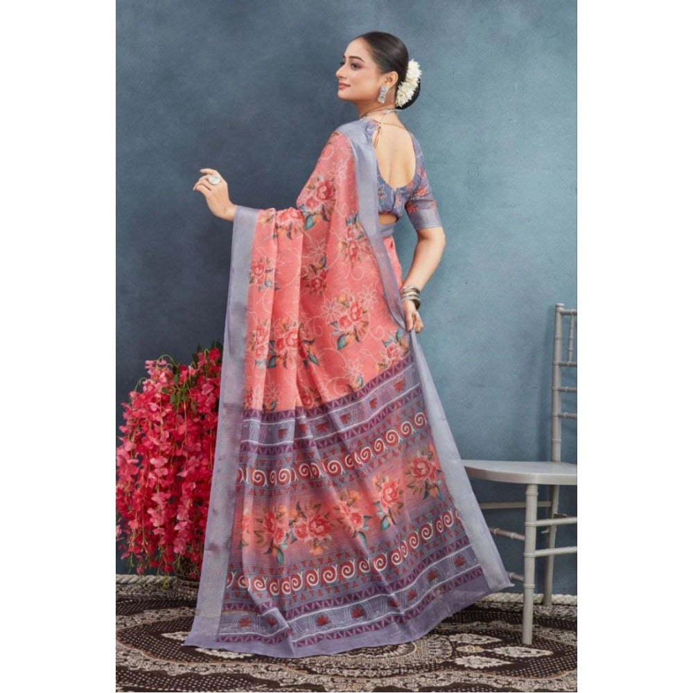 Peach linen floral printed saree with unstitched blouse, vibrant blooms on traditional Indian wear