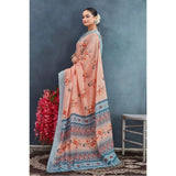 Orange linen floral printed saree with unstitched blouse, vibrant and elegant for traditional Indian wear