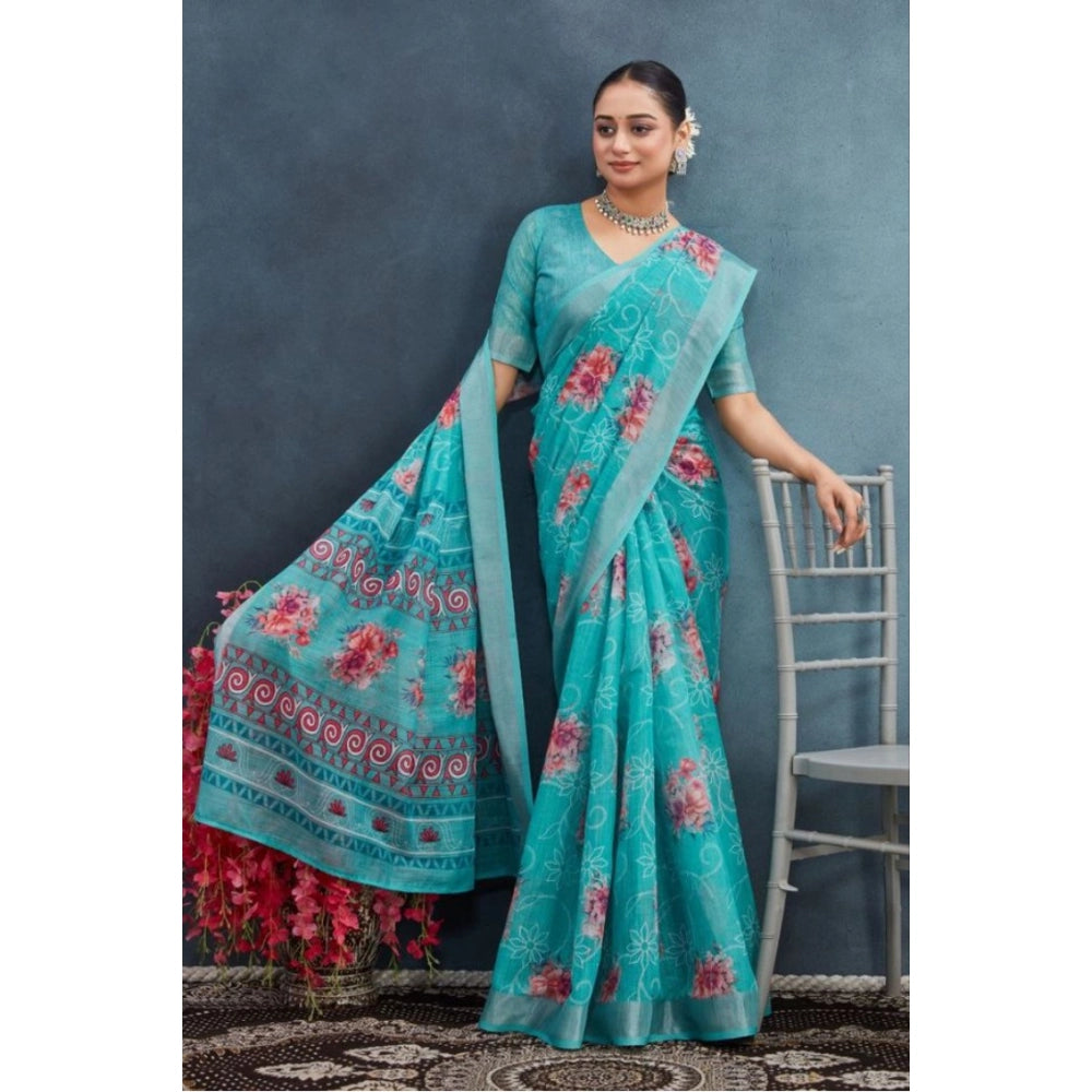 Aqua linen floral printed saree with unstitched blouse, vibrant patterns on flowing fabric