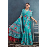 Aqua linen floral printed saree with unstitched blouse, vibrant patterns on flowing fabric