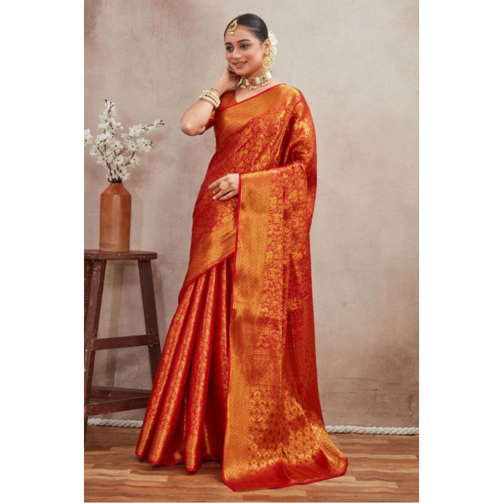Red silk blend floral printed saree with unstitched blouse, vibrant floral design on 5.5 meter fabric