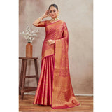 Women's pink silk blend floral printed saree with unstitched blouse, vibrant flowers on a soft silk background