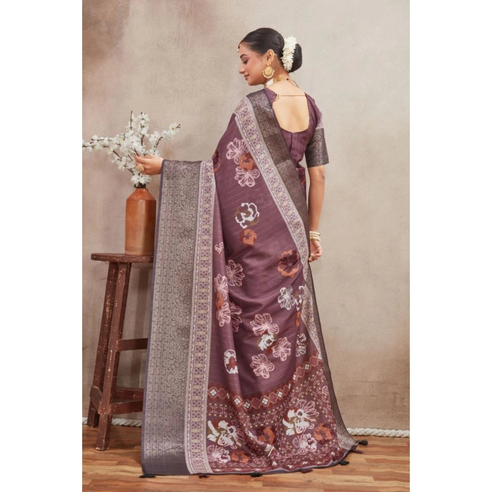 Purple crepe silk printed saree with unstitched blouse, vibrant Indian attire for women