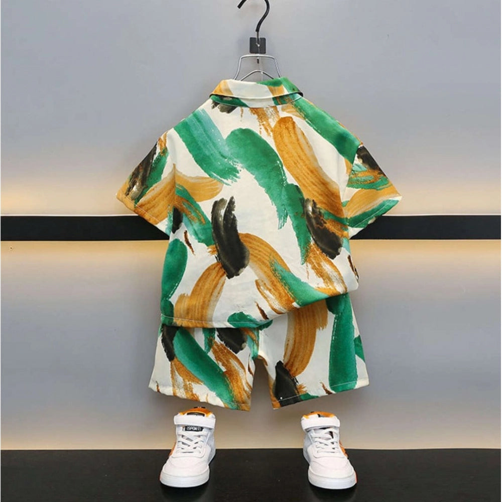 Multi-colored Lycra blend short sleeve shirt and shorts set for kids, featuring vibrant prints
