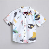 White cotton blend printed short sleeve shirt & shorts set for boys, ideal for summer play