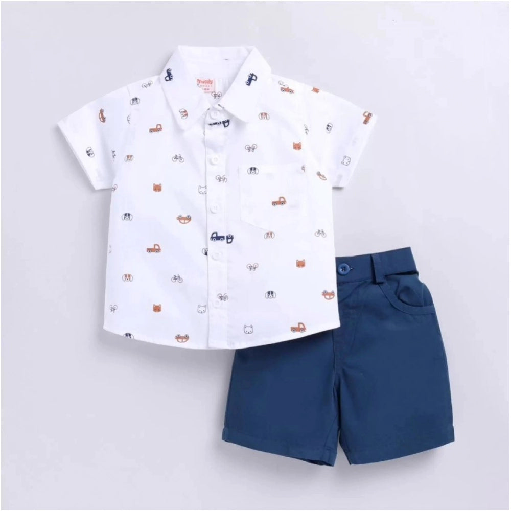White cotton blend boy's printed short sleeve shirt & shorts set, vibrant design for active play