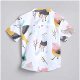 White cotton blend boy's short sleeve shirt & shorts set, printed pattern for casual play