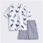 White cotton blend boy's printed short sleeve shirt & shorts set for kids, vibrant pattern details on soft fabric