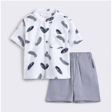 White cotton blend boy's printed short sleeve shirt & shorts set for kids, vibrant pattern details on soft fabric