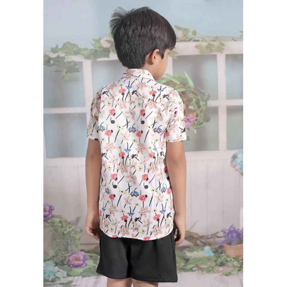 White cotton blend printed short sleeve shirt and shorts set for boys, ideal for casual playtime activities