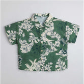Green cotton blend printed short sleeve shirt for kids