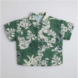 Green cotton blend printed short sleeve shirt for kids
