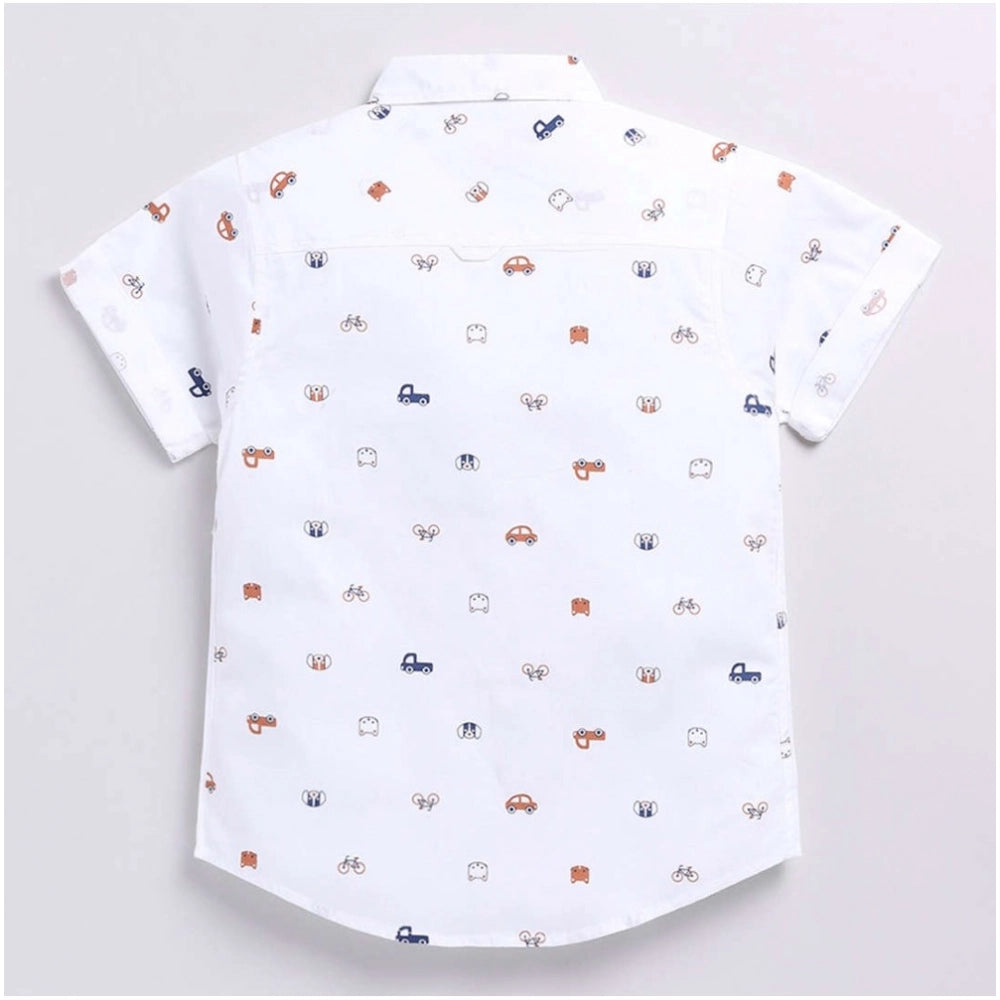 White cotton blend boy's printed short sleeve shirt, casual wear for kids