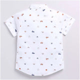 White cotton blend boy's printed short sleeve shirt, casual wear for kids