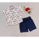 MultiColor cotton blend boy's short sleeve shirt & shorts set, printed pattern for casual playtime