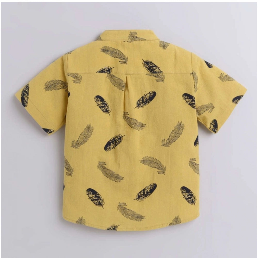 Yellow cotton blend boy's printed short sleeve shirt & shorts set for kids, durable & comfortable
