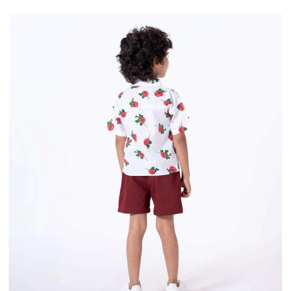 White cotton blend boy's printed short sleeve shirt & shorts set, ideal for casual play