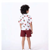 White cotton blend boy's printed short sleeve shirt & shorts set, ideal for casual play