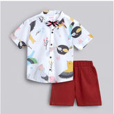 White cotton blend boys' printed short sleeve shirt & shorts set, vibrant graphics on casual outfit for playtime