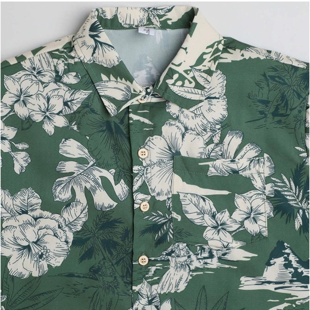 Green cotton blend printed short sleeve boy's shirt, casual and vibrant for kids' playtime