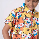Multi-colored Lycra blend boy's printed short sleeve shirt & shorts set, perfect for active play