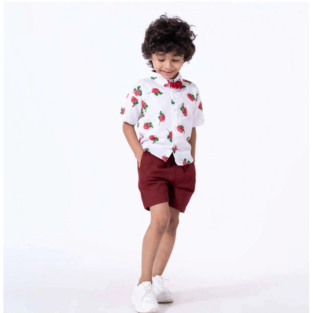 White cotton blend printed short sleeve shirt & shorts set for boys