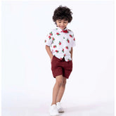 White cotton blend printed short sleeve shirt & shorts set for boys