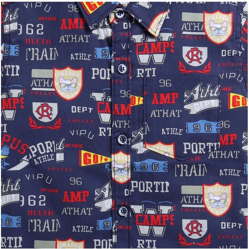Navy blue cotton blend printed short sleeve shirt for kids, perfect casual wear