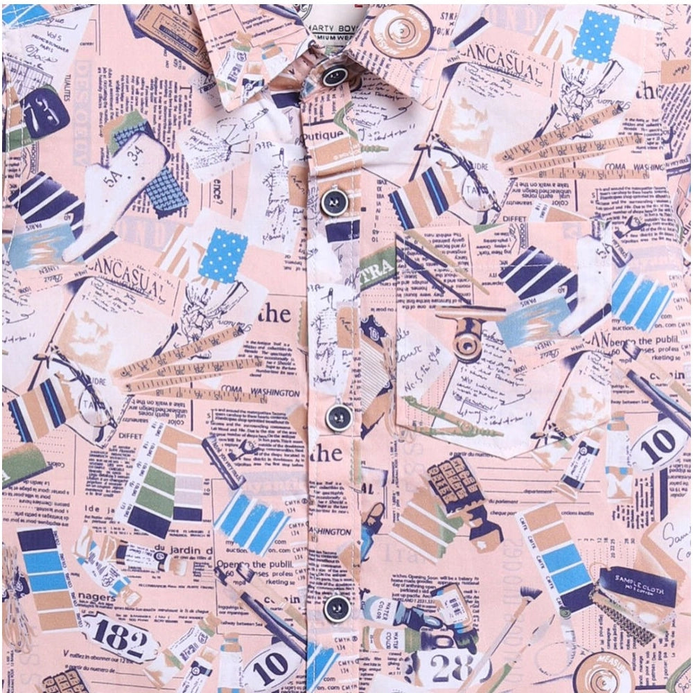 Boy's printed multi-color cotton blend short sleeve shirt, vibrant pattern on a casual kids' garment