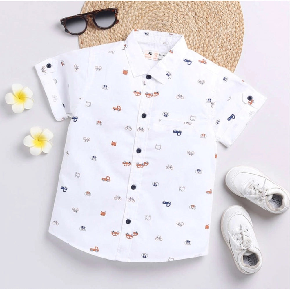 White cotton blend printed short sleeve shirt for kids, perfect casual wear