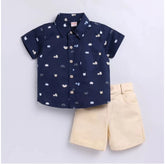 Navy blue cotton blend printed short sleeve shirt & shorts set for kids