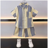 MultiColor Lycra blend printed short sleeve shirt & shorts set for kids, active playwear on grass