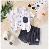 Multi-colored cotton blend boy's short sleeve shirt & shorts set, printed pattern on activewear