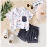 Multi-colored cotton blend boy's short sleeve shirt & shorts set, printed pattern on activewear