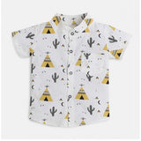 White cotton blend printed boy's shirt set with shorts, perfect for summer play