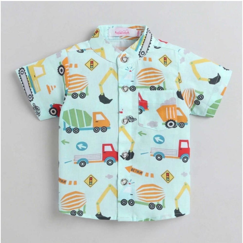 Multicolor cotton blend boy's short sleeve shirt & shorts set with printed pattern, ideal for playtime & casual outings