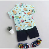 MultiColor cotton blend boys' short sleeve shirt & shorts set with printed patterns