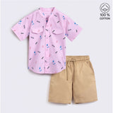 Pink cotton blend boy's short sleeve shirt & shorts set, printed pattern for playtime