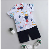 White cotton blend boy's printed short sleeve shirt & shorts set - perfect for casual playtime