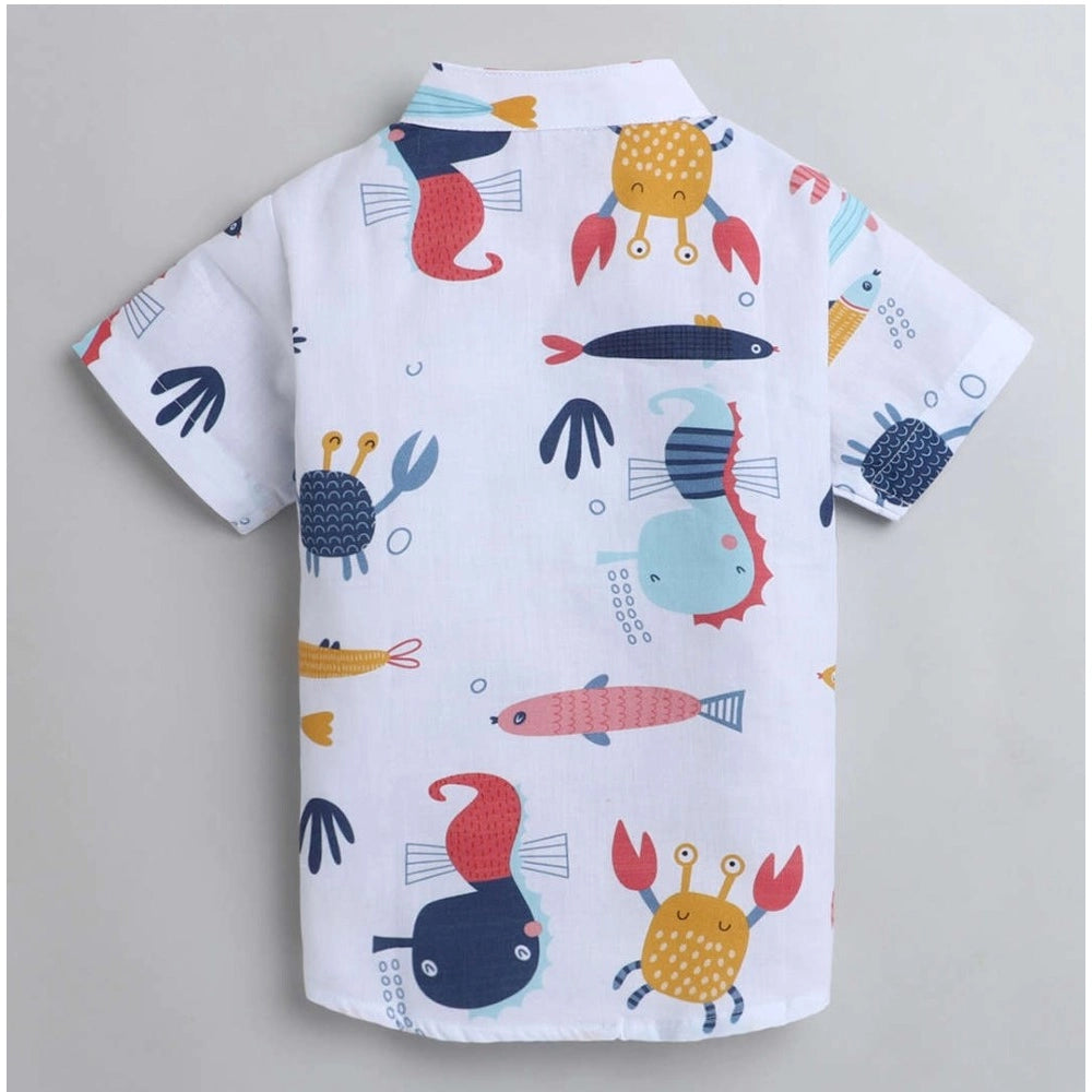 White cotton blend boy's printed short sleeve shirt & shorts set, durable for active play