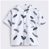 White cotton blend printed short sleeve shirt & shorts set for boys, vibrant pattern design