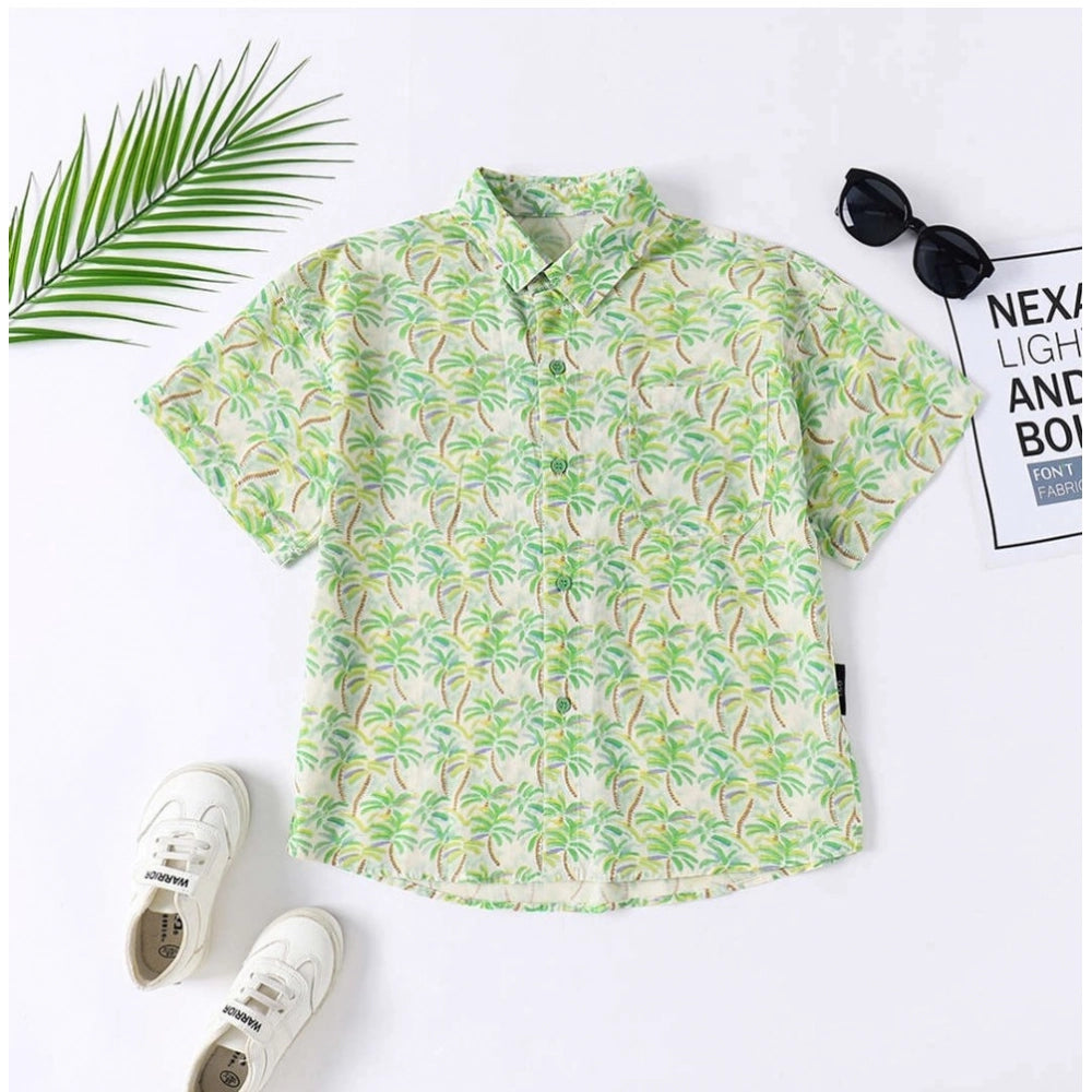 Green cotton blend printed short sleeve shirt for kids, ideal for casual wear