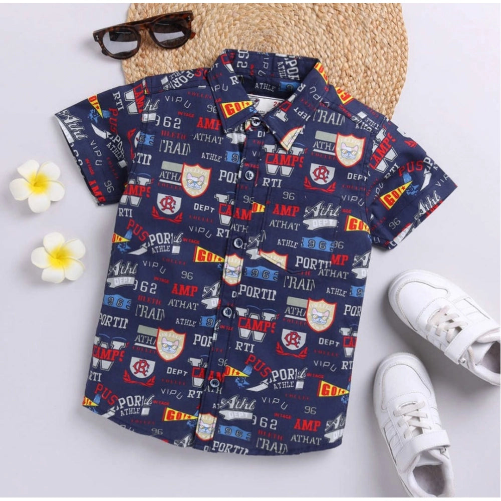 Boy's navy blue cotton blend printed short sleeve shirt - vibrant pattern detail, suitable for kids' playwear