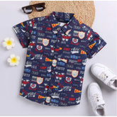Boy's navy blue cotton blend printed short sleeve shirt - vibrant pattern detail, suitable for kids' playwear