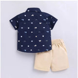 Navy blue cotton blend printed short sleeve shirt & shorts set for kids, casual summer outfit on model