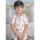 White cotton blend boy's printed short sleeve shirt & shorts set, vibrant pattern for summer fun