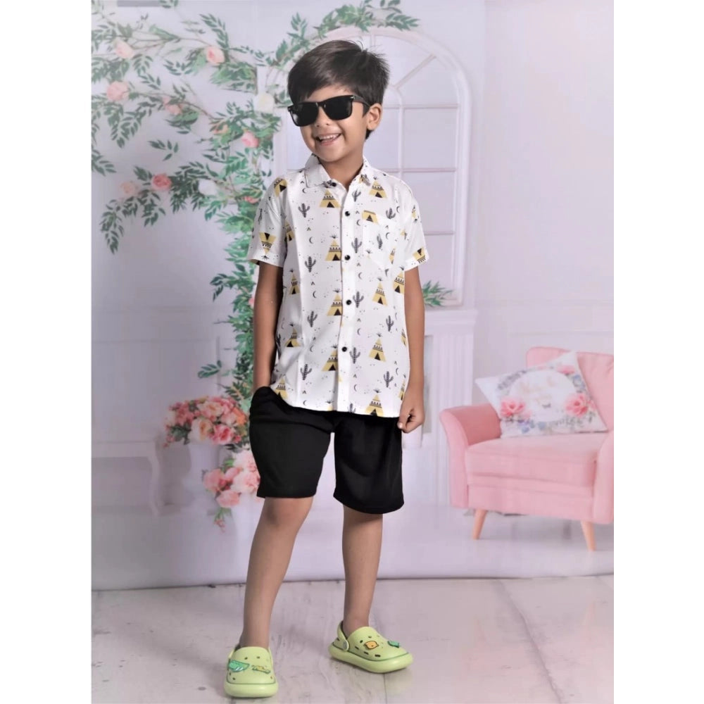 White cotton blend printed short sleeve shirt & shorts set for kids
